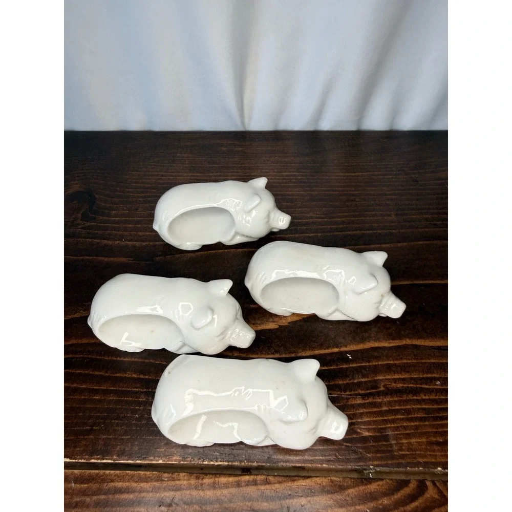 Vintage Shafford White Ceramic Pig Napkin Rings Set of 4 Farmhouse Decor 2081